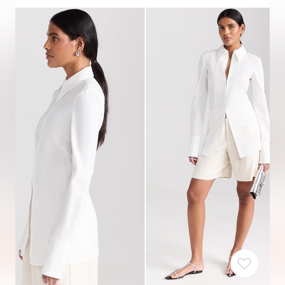 Interior Zip Up White Collared Shirt